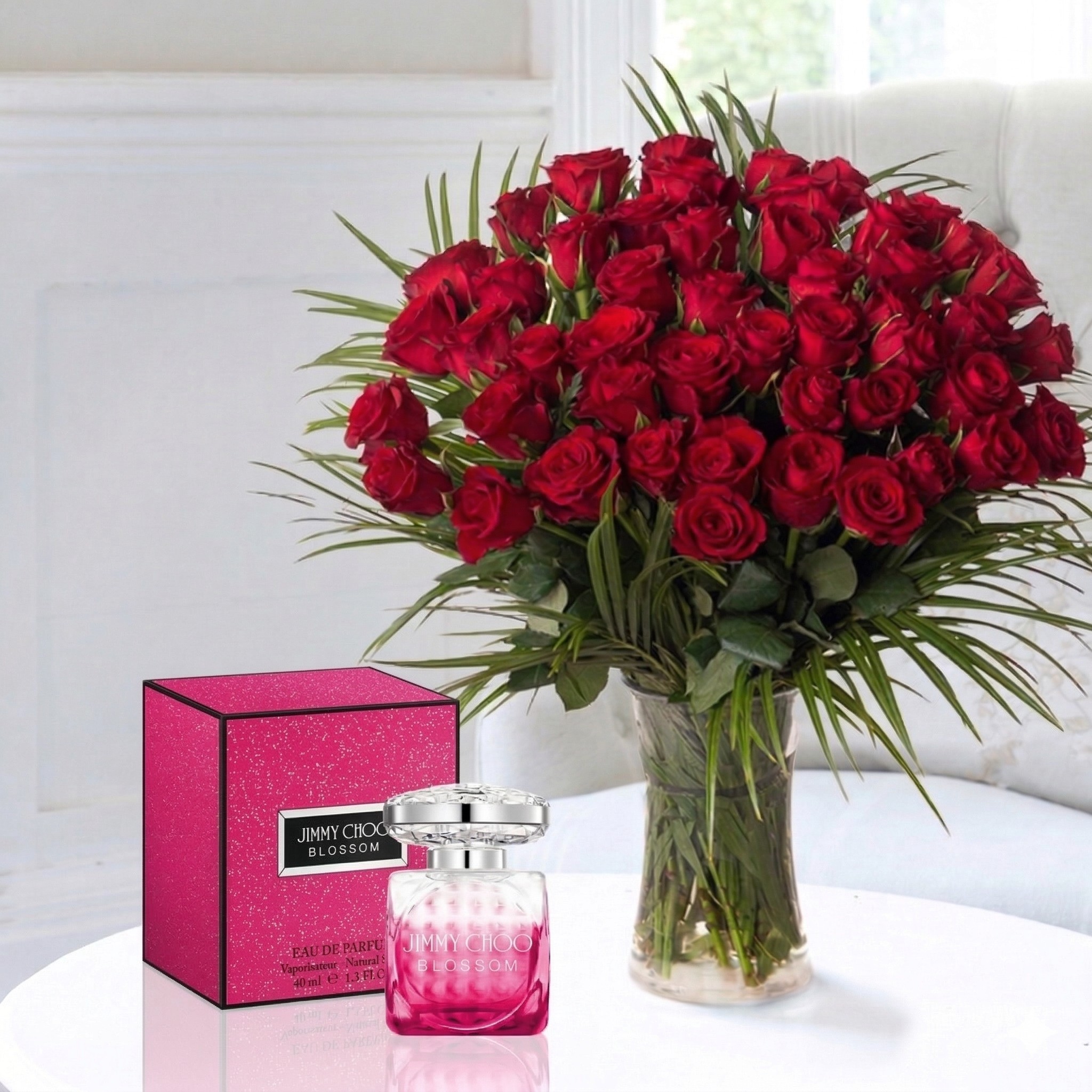 Flower Gift Set - 50 Luxury Red Roses & Jimmy Choo Blossom Eau De Parfum - Next Day Flower & Gift Delivery UK - Appleyard London