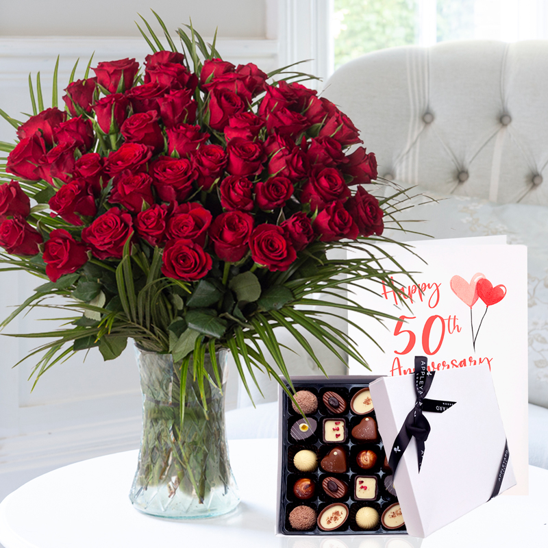 50th Anniversary Gift Flower Gift Set - 50 Luxury Red Roses, 9 Luxury Chocolates & Anniversary Card - Next Day Flower & Gift Delivery UK - Appleyard