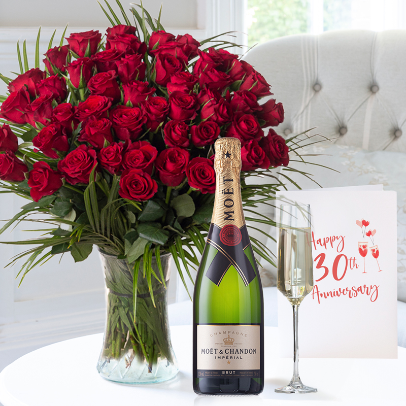 30th Anniversary Gift Flower Gift Set - 50 Luxury Red Roses, Moët & Chandon & Anniversary Card - Next Day Flower & Gift Delivery UK - Appleyard London