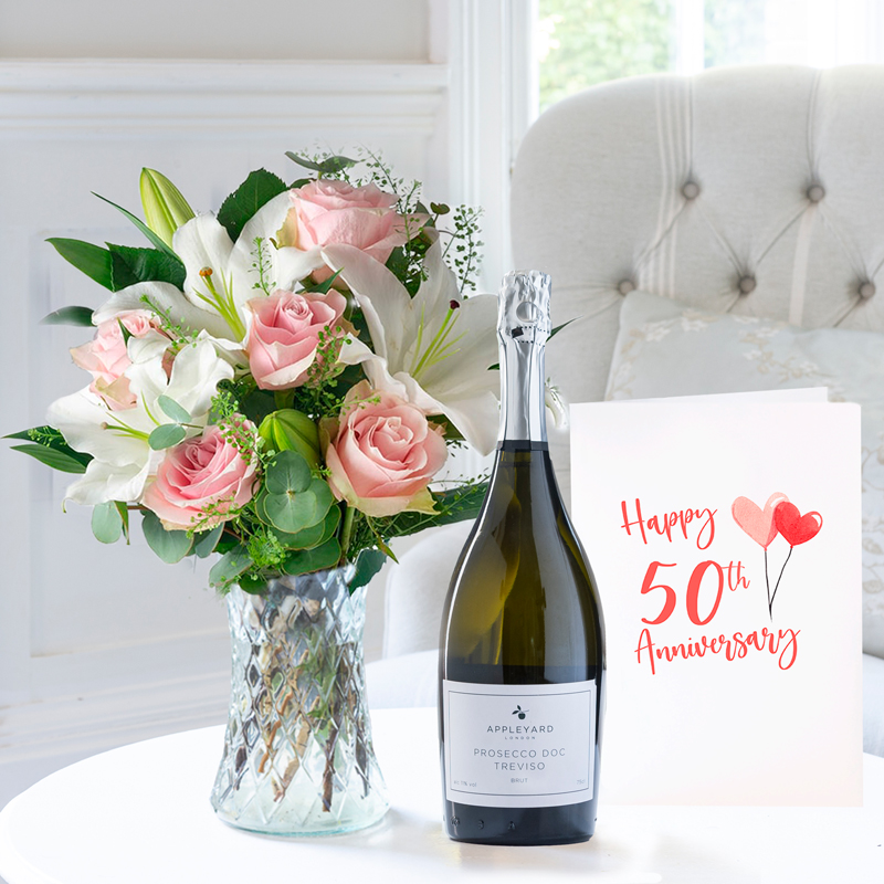 50th Anniversary Gift Flower Gift Set - Simply Pink Rose & Lily, Appleyard Prosecco & Anniversary Card - Roses & Lilies - Next Day Flower & Gift