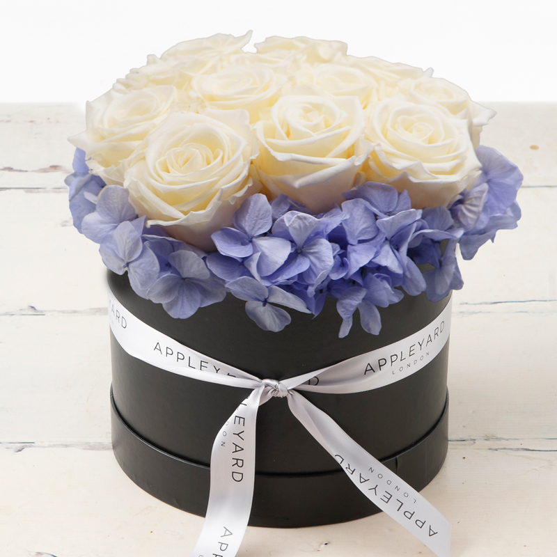 White Rose & Lavender Hydrangea Hatbox - Preserved Roses & Hydrangeas - Flower Bouquet - Next Day Flower Delivery UK - Appleyard London