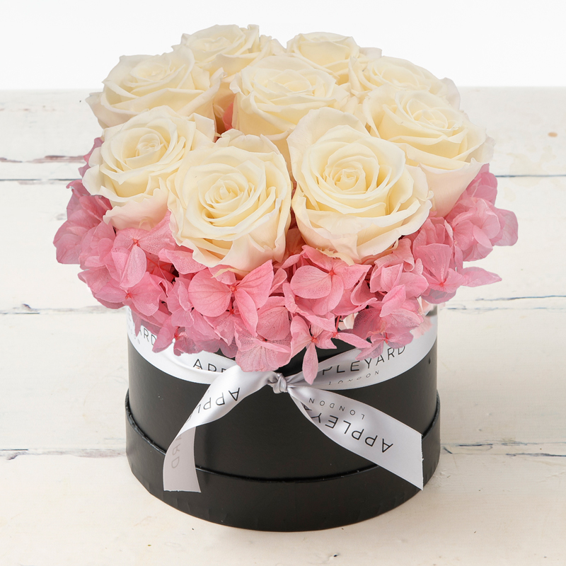 White Rose & Pink Hydrangea Hatbox - Preserved Roses & Hydrangeas - Flower Bouquet - Next Day Flower Delivery UK - Appleyard London