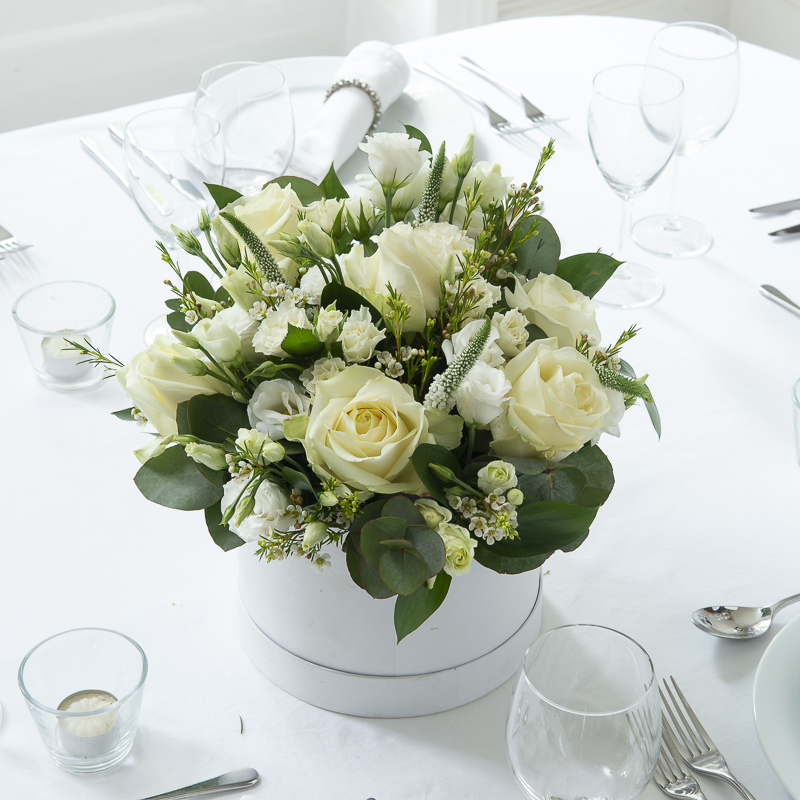 Cherish Hatbox Table Centre - White - Wedding Flower Bouquet - Last Minute Wedding Flowers Delivery UK - Appleyard London