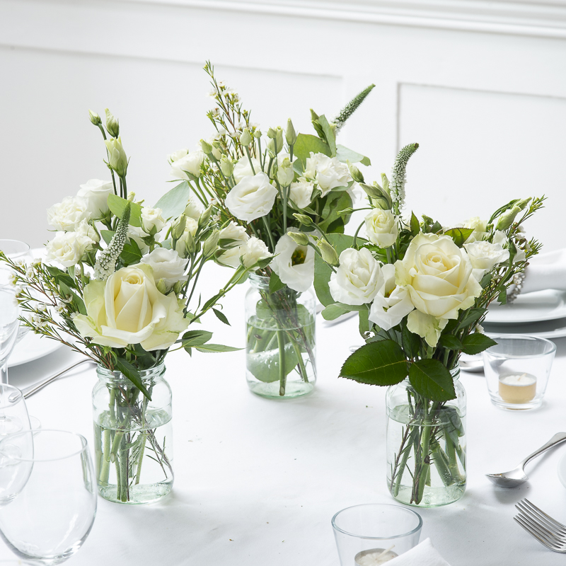 Cherish Jars Table Centre - White - Wedding Flower Bouquet - Last Minute Wedding Flowers Delivery UK - Appleyard London