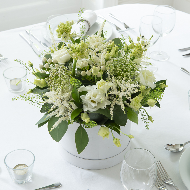 Wild & Whimsy Hatbox Table Centre - Wedding Flower Bouquet - Last Minute Wedding Flowers Delivery UK - Appleyard London