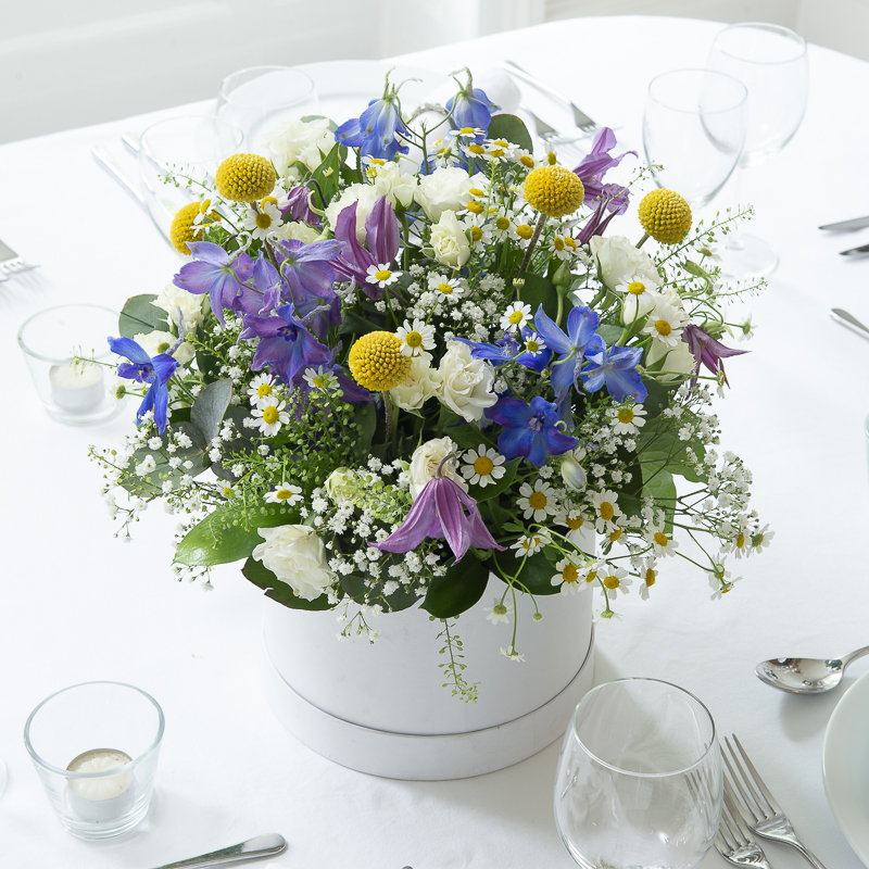Wild Meadow Hatbox Table Centre - Blue - Wedding Flower Bouquet - Last Minute Wedding Flowers Delivery UK - Appleyard London