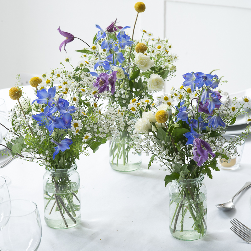 Wild Meadow Jars Table Centre - Wedding Flower Bouquet - Last Minute Wedding Flowers Delivery UK - Appleyard London