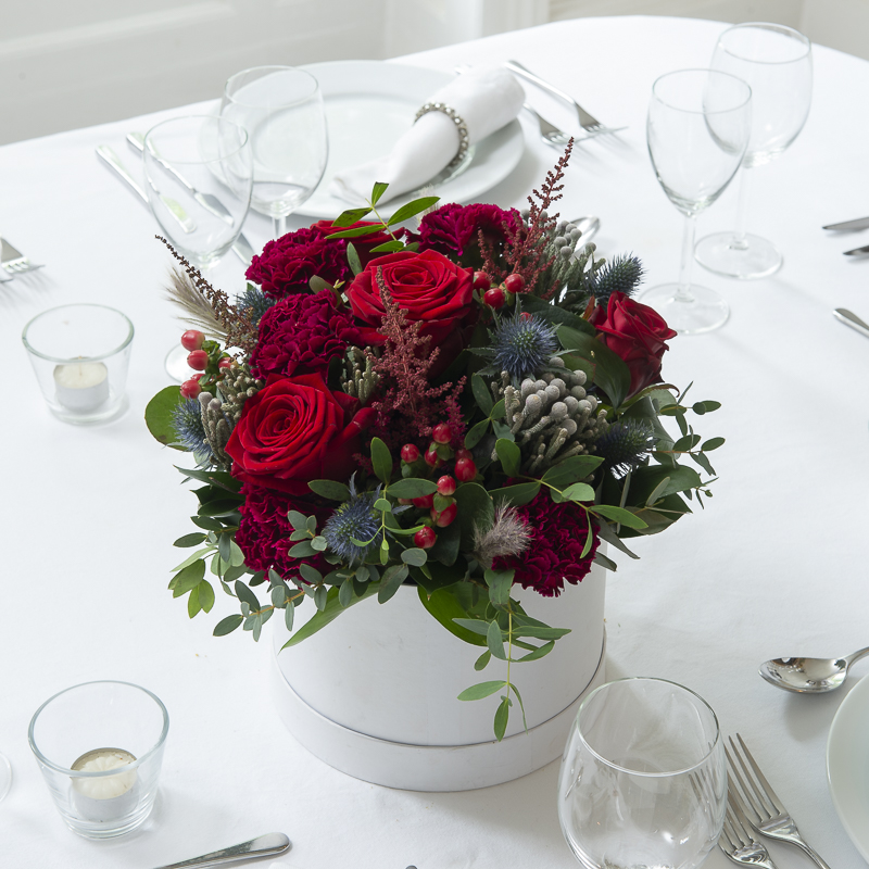 Ruby Allure Hatbox Table Centre - Wedding Flower Bouquet - Last Minute Wedding Flowers Delivery UK - Appleyard London