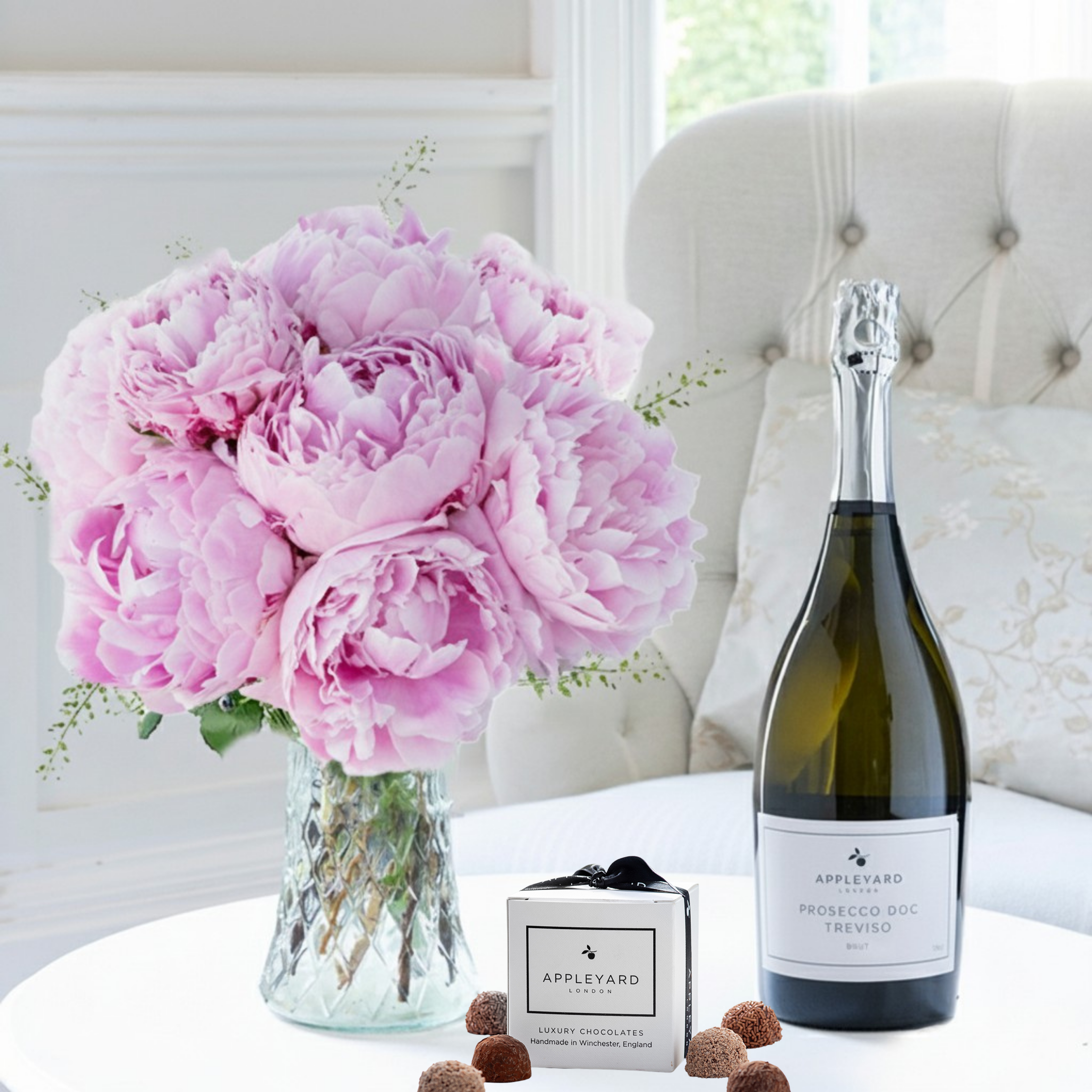 Flower Gift Set - Pink Peonies, Prosecco & 6 Mixed Truffles - Peonies - Next Day Flower & Gift Delivery UK - Appleyard London