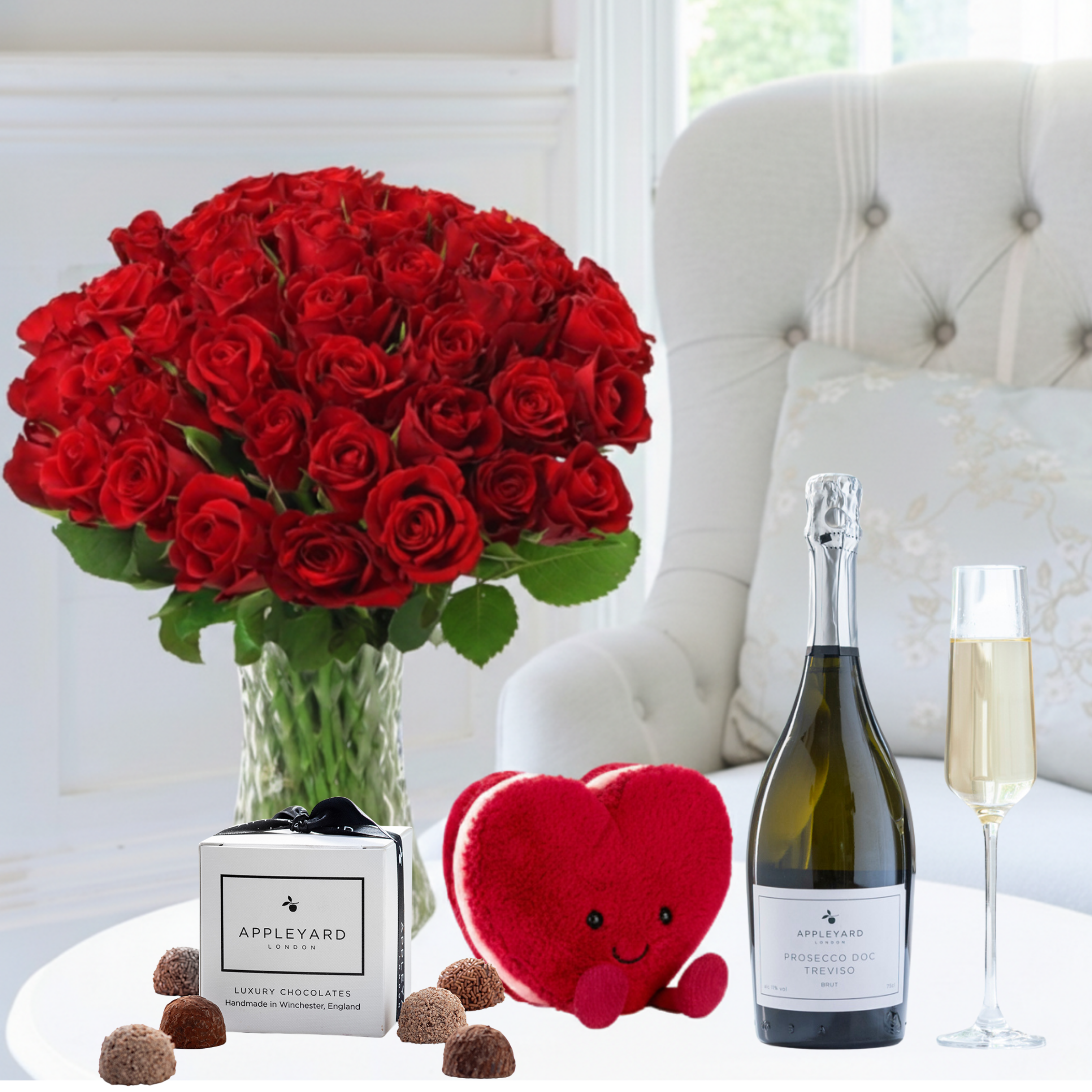 50 Red Roses, Jellycat Red Heart Macaron, Appleyard Prosecco & 6 Handmade Truffles - Next Day Flower & Gift Delivery UK - Appleyard